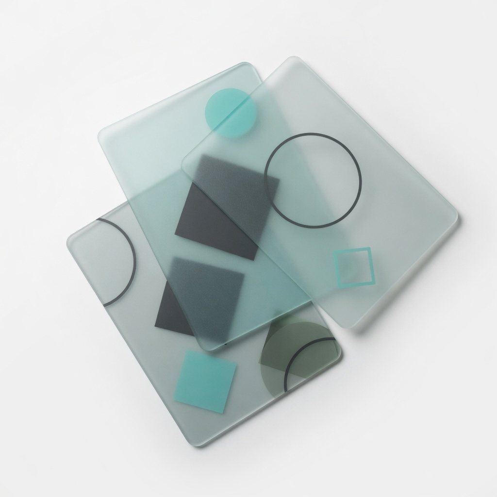 Abstract frosted cards with geometric flowchart symbols